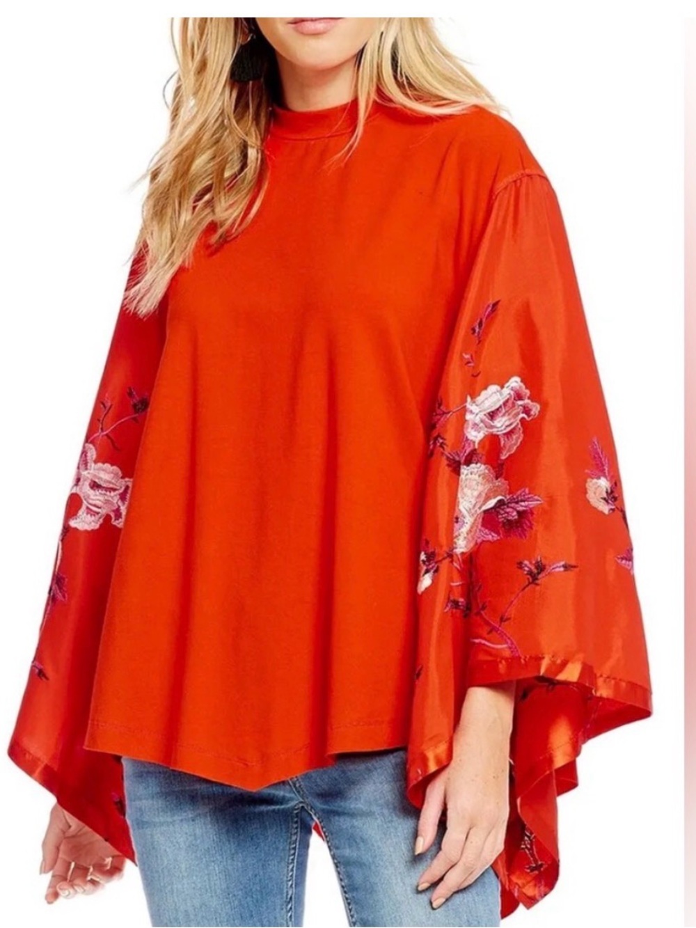 Free People Sydney Tuesday Red Kimono Sleeve Embroidered Boho Hippie Top sz XS